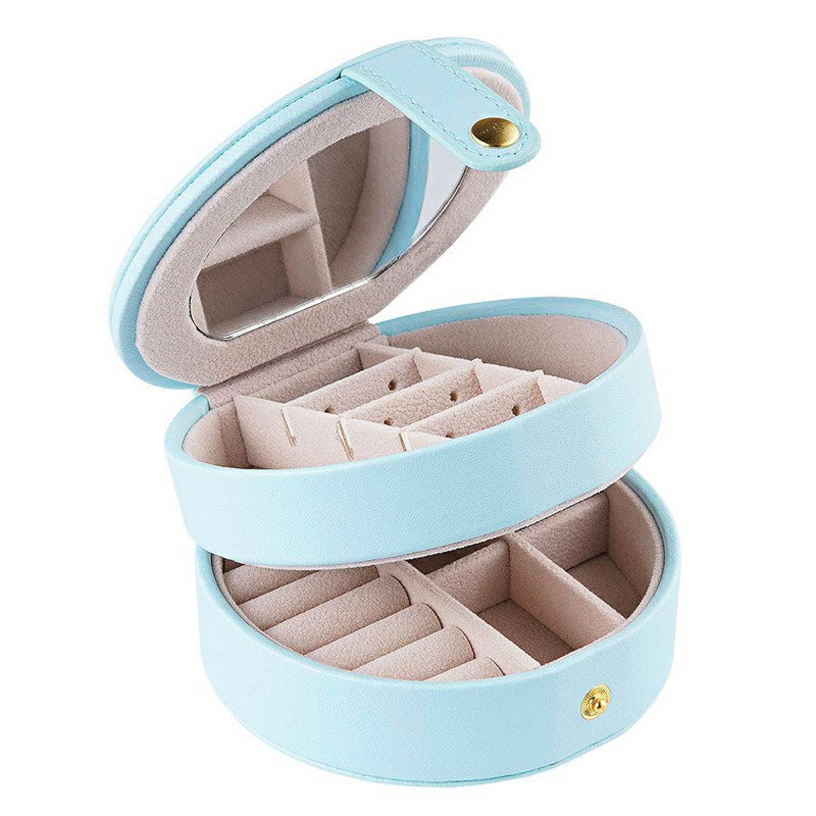 Round Jewelry Boxes Portable PU Leather Case 2 Layers Storage Etsy