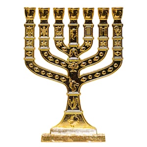 a classic seven-branched menorah in a beautiful gold color. 12cm height.