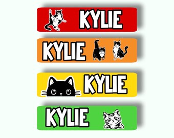 Personalized Name Stickers: Dishwasher Safe, Cat Theme, School Supply Labels