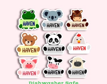 Kids Name Stickers: Dishwasher Safe Animal Labels