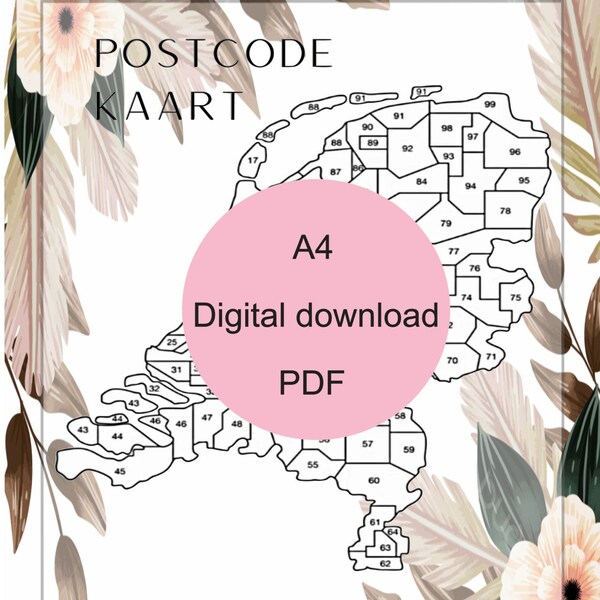 Postcodekaart van Nederland / Salesmap / A4 / Digitaal download bestand / PDF