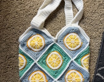 Lemon Granny Square Market Bag | Crochet Lemons | Crochet Market Bag | Farmer's Market Bag | Produce Bag | Fruit Patterns | Tulip Tote Bag
