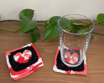 Heart Coasters - Set of 4 | Crochet Heart Coasters | Granny Square Heart Coasters | Cotton Crochet Coasters | Valentine’s Day Coasters