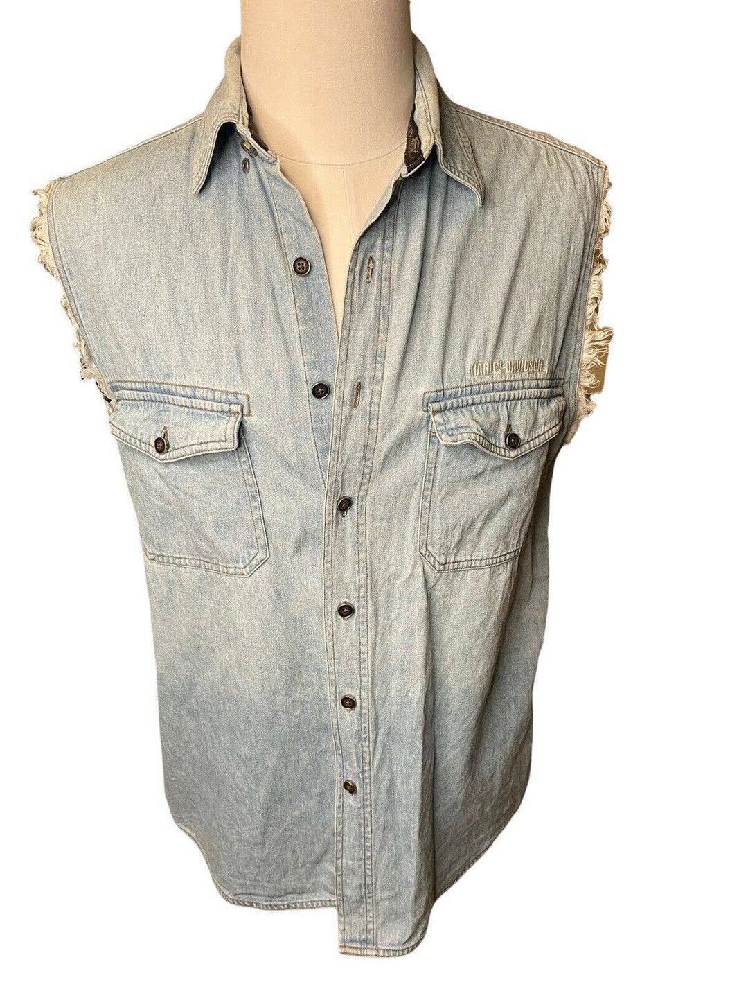 harley davidson sleeveless denim shirt