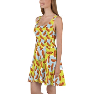 Hot Dog Skater Dress – All Over Print Sleeveless Dress | Funny Foodie Dress | Wiener Print Fit and Flare | Summer BBQ Outfit Idea