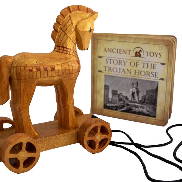 Ancient Toys - Wooden Trojan Horse Pull Toy with Hardcover Book! Teach Children About History Through Interactive Play
