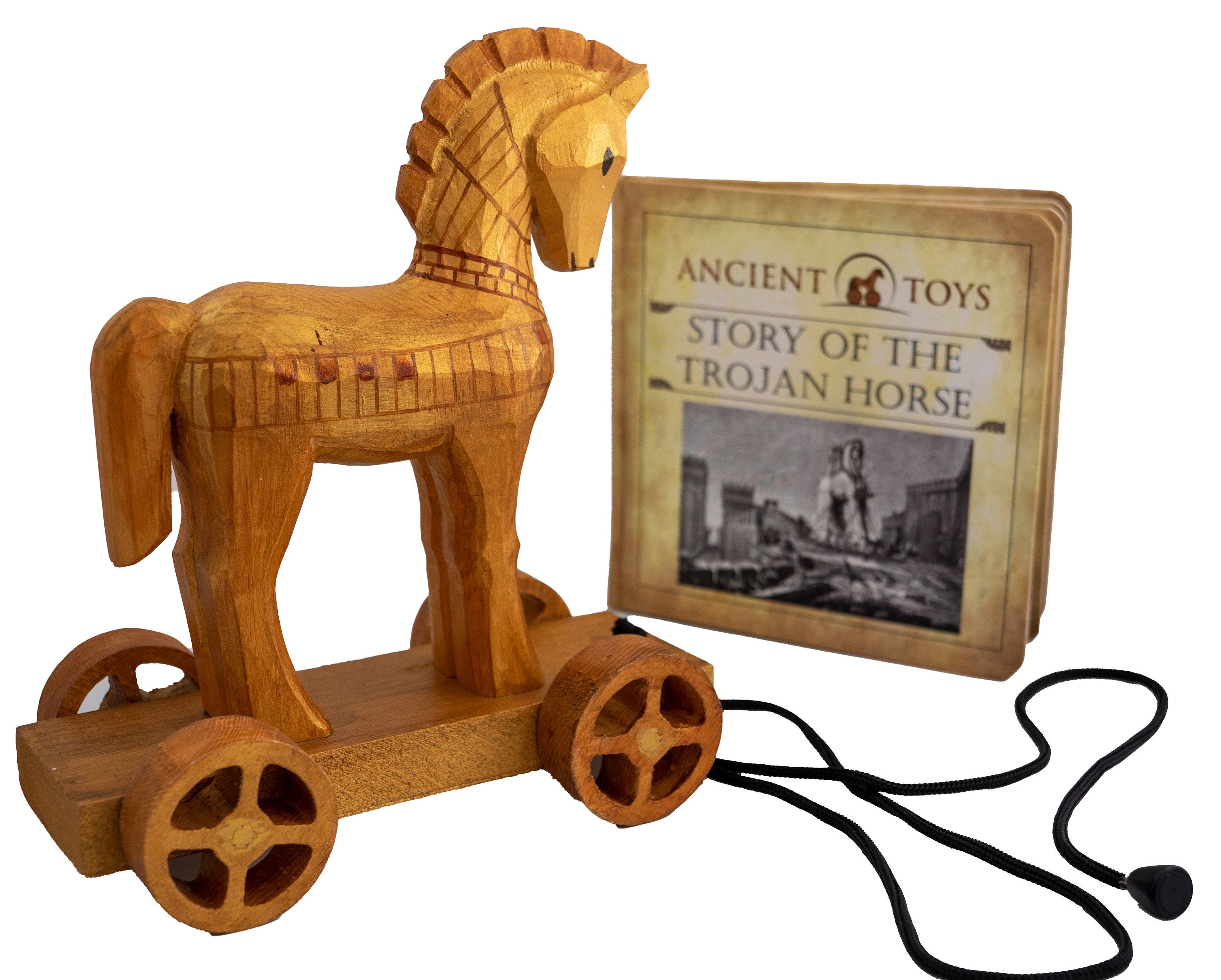 Ancient Toys - Wooden Trojan Horse Pull Toy With Hardcover Book