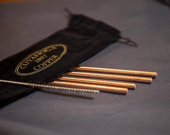 Set of 4 - Pure Copper Drinking Straws - 8” Straight and Engraved, with Cleaning Brush and Velvet Bag from Cuyahoga Copper.