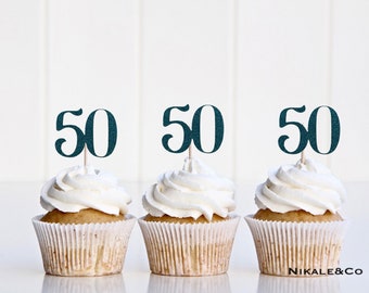 Number 50 cupcake toppers, fifty food picks, 50th birthday decorations, number cupcake toppers, 50th anniversary decorations, age toppers