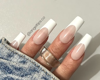 KYLIE | French Tip Press on Nails | Luxury, Durable + Reusable False Nails | Long Square White French Tips Nails | Custom Gel X Nail Set