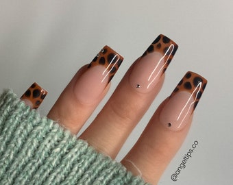 SLEPT ON | Luxury GEL X Reusable Press On Nails | Medium Square Tortoise Shell Accent French Tips | Animal Print French Custom Gel Nail Set