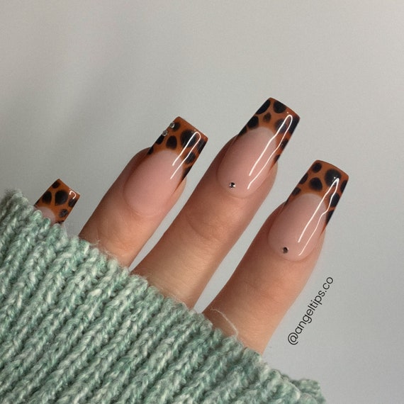 SLEPT ON Luxury GEL X Reusable Press on Nails Medium Square Tortoise Shell  Accent French Tips Animal Print French Custom Gel Nail Set -  Finland