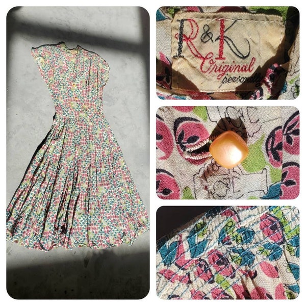 Vintage 40s Rayon Dress R & K Knits Rayon Pink Teal Floral Dress Tiered Ruching XS Art Deco Extra Small Dress Frock Metal Talon Zipper