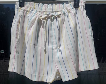 Vintage 1980's Striped Shorts | 80's Rainbow Shorts | High Waisted 70's 1970's Pinstripe 80s 1980s Paper Bag Drawstring Shorts Large PLUS