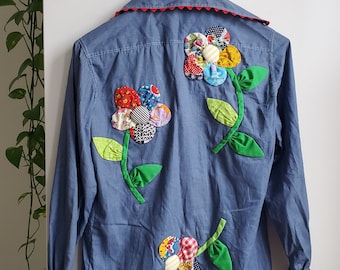 Vintage 60s Hippie Applique Blouse Patchwork Boho Flower Power 70s Chambray OOAK One-of-a-Kind Handmade 1960s Woodstock 1970s Psychedelic