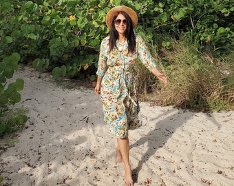 Vintage 40s Rayon Tropical House Dress Palm Tree Print Deco Sorority Togs Floral XS S 1940s Rayon Dress 1940s House Dress 30s 40s Dress 1930