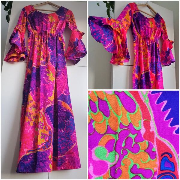 Vintage 60s 70s Psychedelic Hawaiian Barkcloth Dress Lounge Flower Power Caftan Kaftan House Robe Kaleidoscope Day Glow 1960s Hippie TIKI