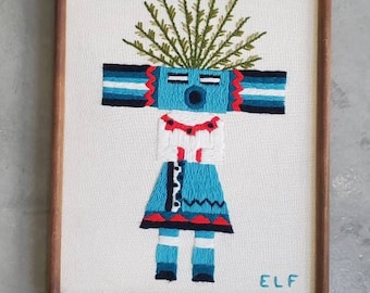 Vintage 60s 70s Crewel Embroidered Kachina Native PSYCHEDELIC Framed Art RARE 1960s 1970s