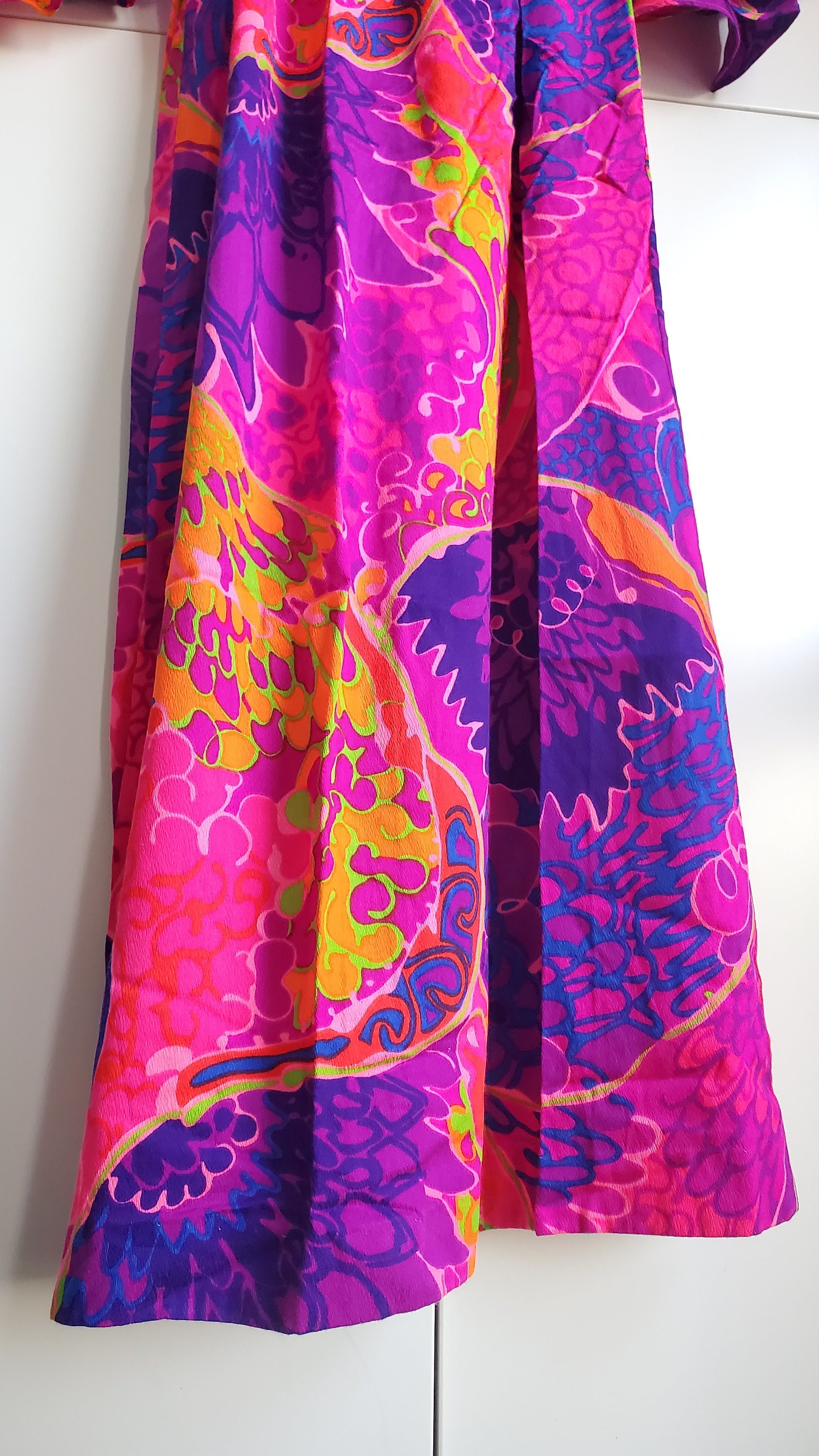 Vintage 60s 70s Psychedelic Hawaiian Barkcloth Dress Lounge Flower ...