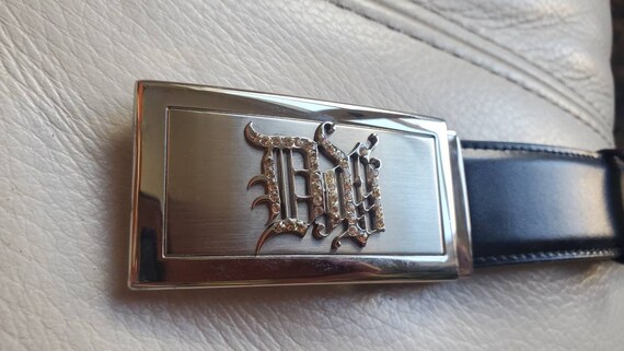 Vintage Y2K VERSACE Black Leather Rhinestone Monogram Belt  display picture 1