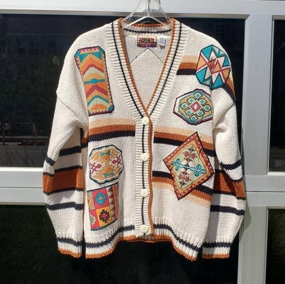Vintage 80s Sweater FORENZA Oversized Patchwork 3D Appliqué Native