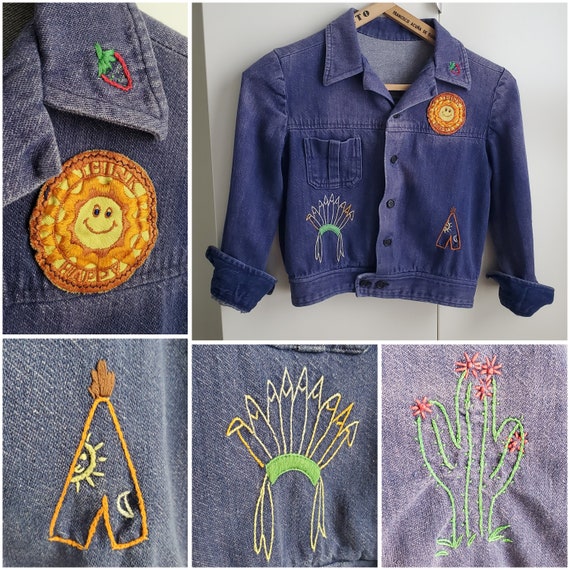 Vintage 60er 70er Jahre Denim Hippie Bestickt Patches Jacke 