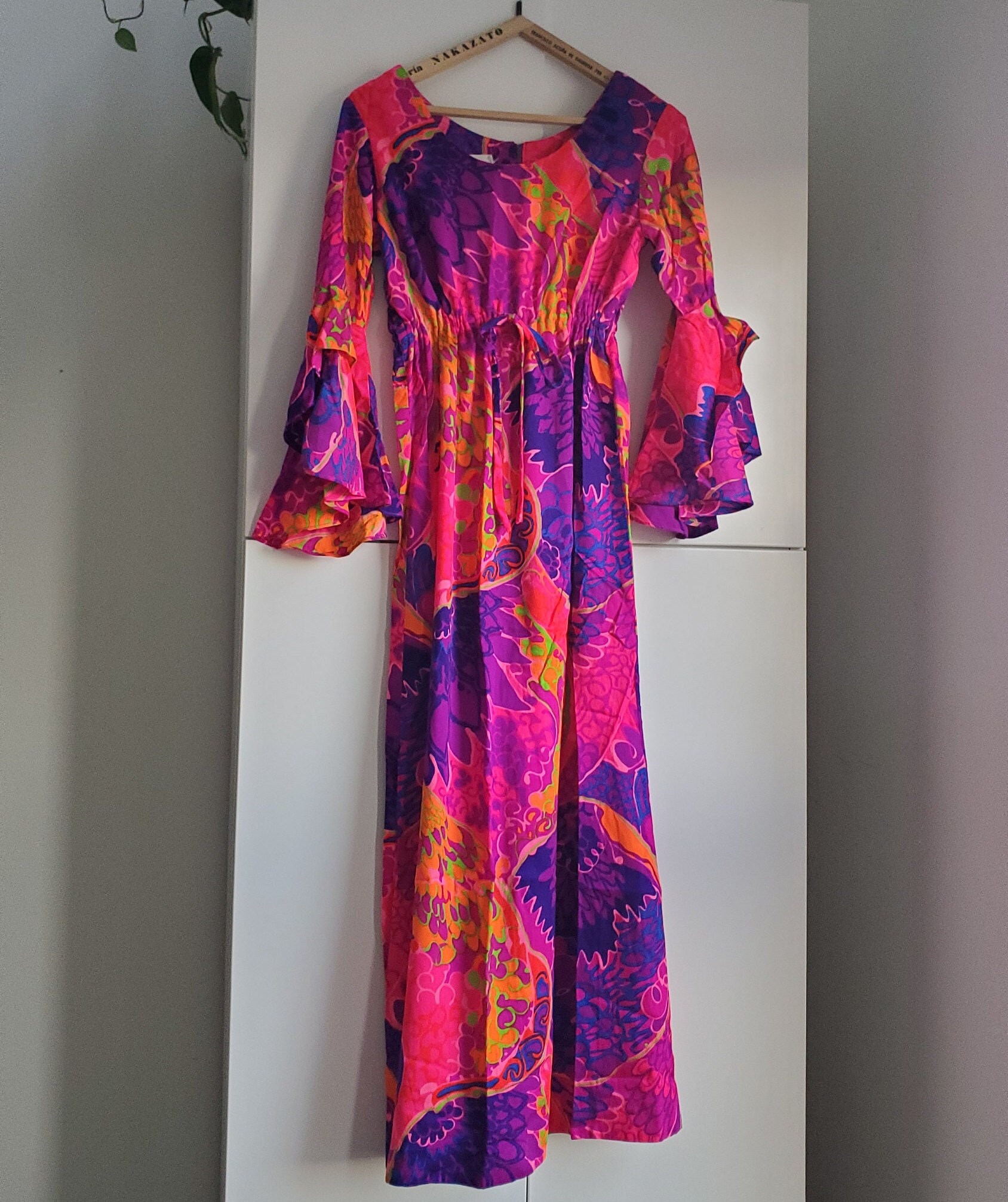 Vintage 60s 70s Psychedelic Hawaiian Barkcloth Dress Lounge Flower ...