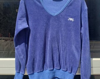 Vintage 1970's 1980's SERGIO VALENTE Royal Blue Velour Top Sweater Large Pimp Hustler 80s 70s 80's 70's Purple V-Neck SV Jeans Uh Oh Sergio!