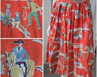 Vintage 50s 1950s Novelty Western Swing Circle Skirt Cotton Rockabilly Orange S 50s Rockabilly Skirt 50s Circle Skirt Americana Western XS