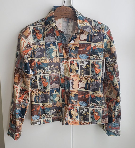 Vintage 70s I MAGNIN TUCCI Toulouse Lautrec PSYCHEDELIC Shirt Blouse Top Art S M 70s Does Deco Does 1800s Silky 70s Novelty Blouse Pop Art