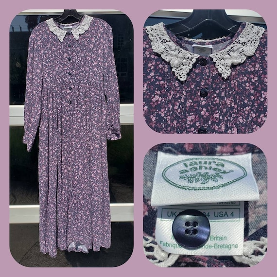 Vintage 1990's Laura Ashley Flannel Floral Grunge Floral Edwardian Dress 90's Purple 1990s 90s Goth Harajuku Lace Crochet Collar