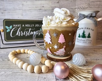 Pink Silver White Winter Tree Christmas Glass Coffee Mug 18 OZ