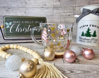 Christmas Trees And Hearts Pink and Gold 18 OZ Coffee Mug