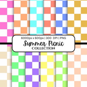 May include: A collection of colorful checkerboard patterns in pink, orange, turquoise, blue, yellow, green, purple, and peach. The text "Summer Picnic Collection" is displayed on a white banner.