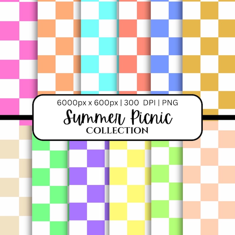 May include: A collection of colorful checkerboard patterns in pink, orange, turquoise, blue, yellow, green, purple, and peach. The text "Summer Picnic Collection" is displayed on a white banner.