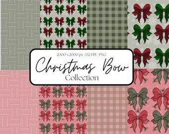 Christmas Bow Digital Paper, Holiday Plaid, Seamless Patterns (PNG)