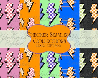 Retro Lightning Bolt Clipart Bundle | Neon & Checker Patterns (Digital Download)