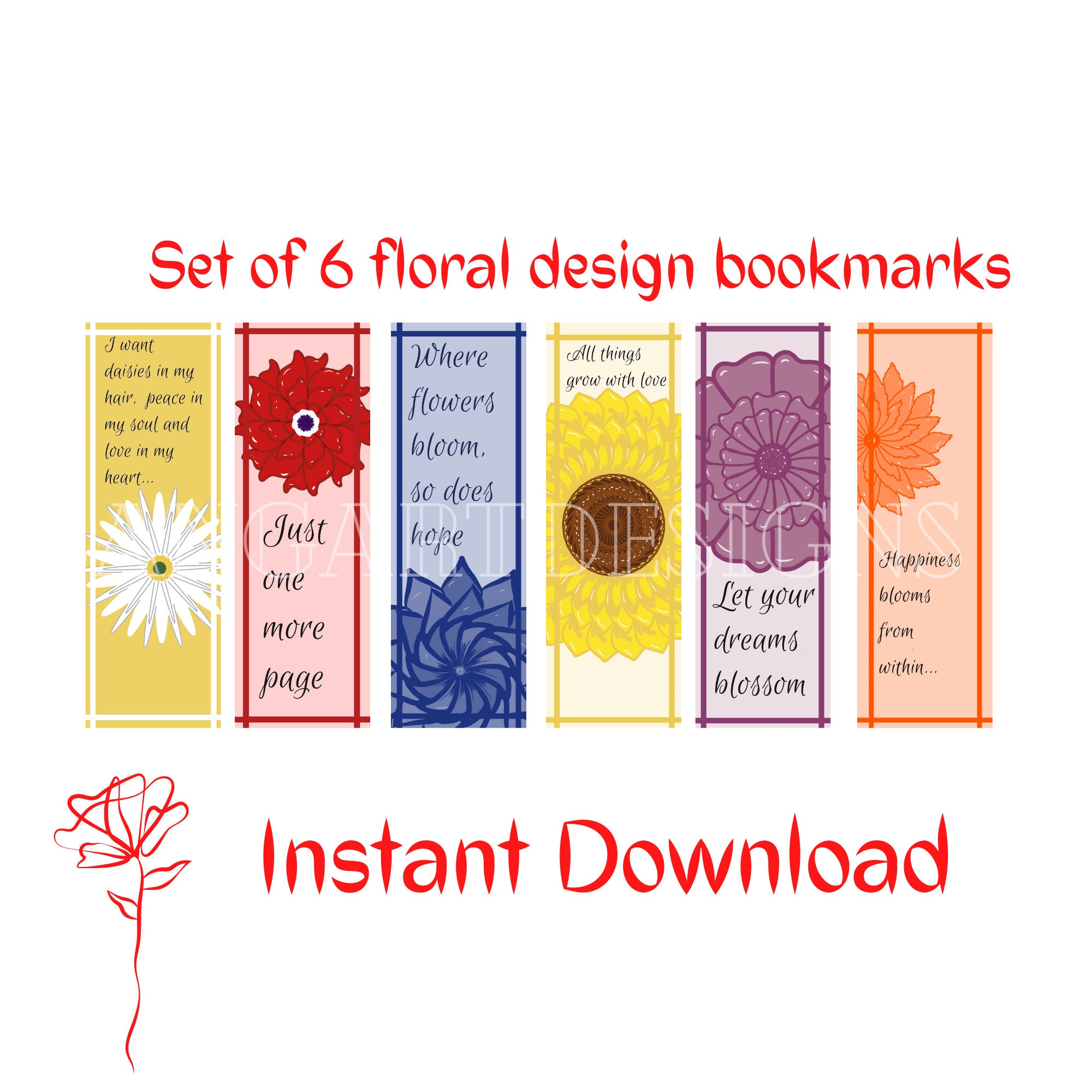 Printable digital download bookmarks Floral art design | Etsy