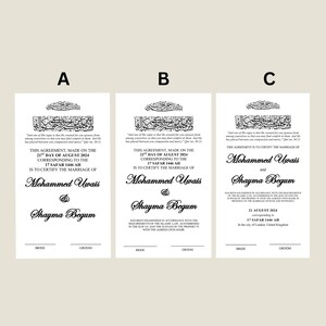 May include: Three wedding certificates with black calligraphy on a white background. The certificates include the names Mohammed Uwais and Shayma Begum, along with dates and religious text. The certificates are for a marriage.