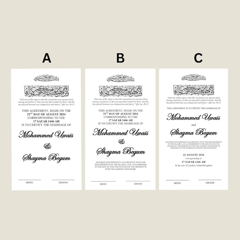 May include: Three wedding certificates with black calligraphy on a white background. The certificates include the names Mohammed Uwais and Shayma Begum, along with dates and religious text. The certificates are for a marriage.