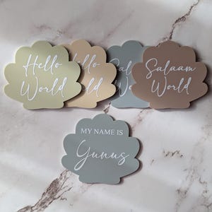 Personalised Salaam World | My Name Is | Hello World | Acrylic Shell Plaque | Baby Announcement | Newborn Gift | Photo Prop Sign