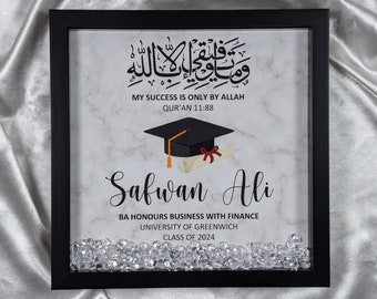 Cadre Shadow Box de remise des diplômes islamique personnalisé avec cristaux - Université, A Level, GCSE, Aalim, Aalimah, Hafiz, Hafiza, achèvement du Coran
