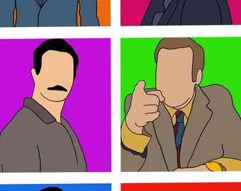 Lamina de la serie Better Call Saul. Con Saul Goodman y los demás personajes de la serie. Arte digital.