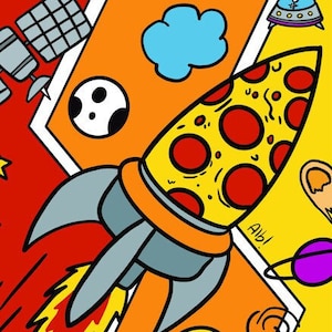 Pizza espacial. Ilustración de un cohete pizza que navega por el espacio. afbeelding 1