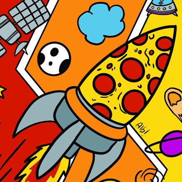 Pizza espacial. Ilustración de un cohete pizza que navega por el espacio.