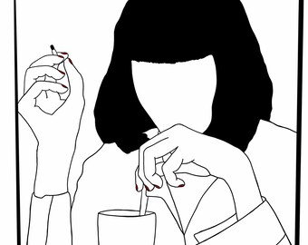 Sheet of the movie Pulp Fiction. Illustration of Mia drinking her $5 shake. Digital art.