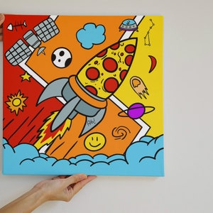 Pizza espacial. Ilustración de un cohete pizza que navega por el espacio. afbeelding 4