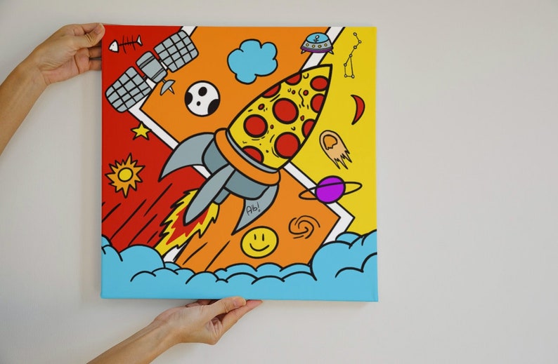 Pizza espacial. Ilustración de un cohete pizza que navega por el espacio. afbeelding 4