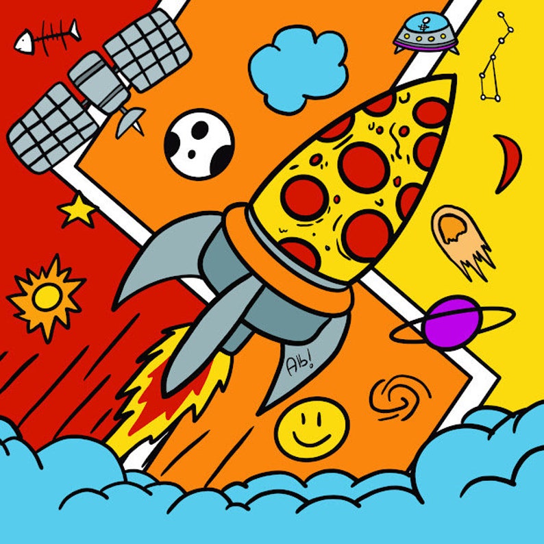 Pizza espacial. Ilustración de un cohete pizza que navega por el espacio. imagen 5