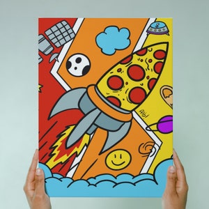 Pizza espacial. Ilustración de un cohete pizza que navega por el espacio. afbeelding 6